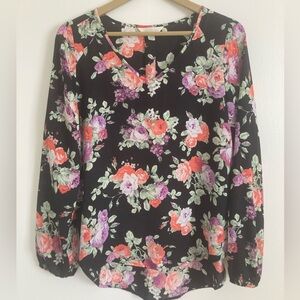 Decree navy blue, pink and purple floral long sleeve blouse